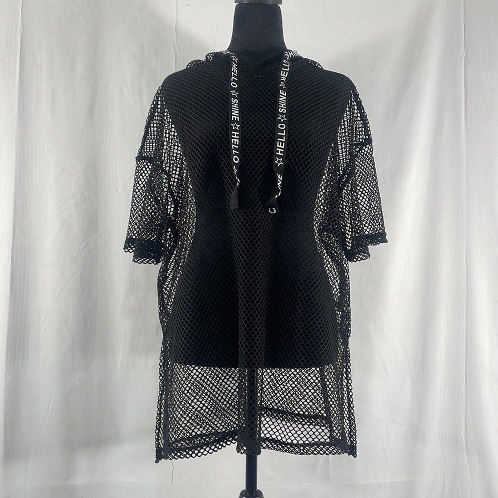 Black Mesh Short-Sleeve Hooded Top - Picture 9 of 9
